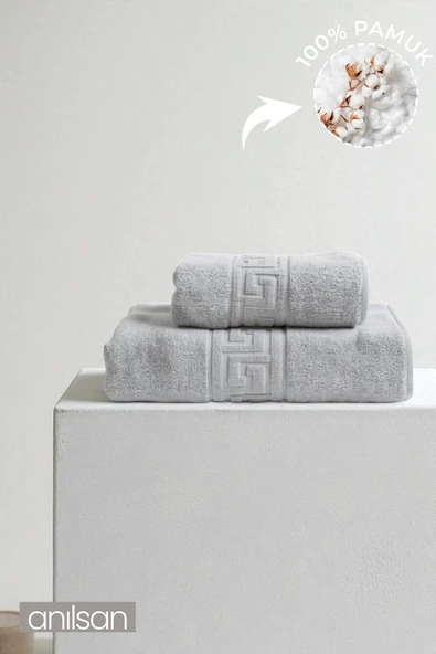 2'li Gri Greek Havlu Seti %100 Pamuk- 1 Adet El Havlusu 50x90 ve 1 Adet Banyo Havlusu 70x140