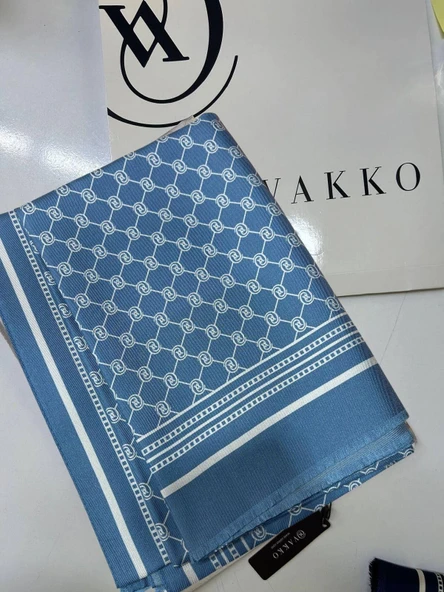 Vakko Monogram Desenli İpek Şal Açık Mavi