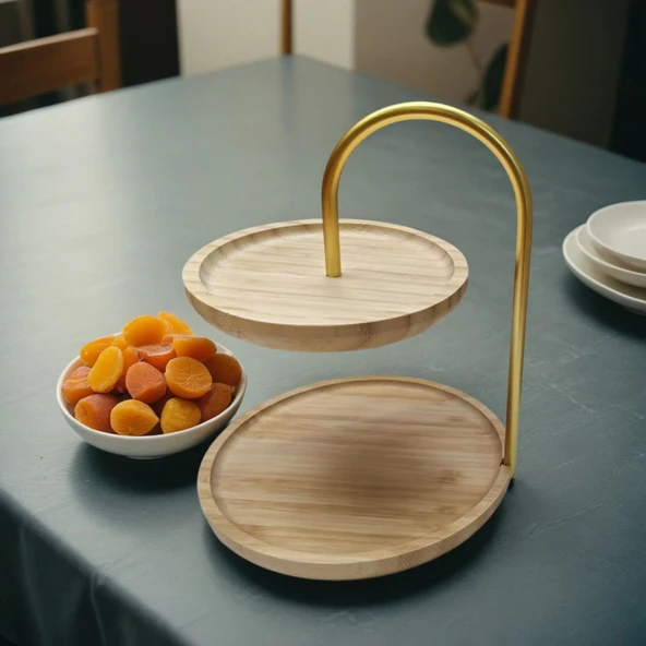 Bambu Luxe 2 Katlı Stant, Sunum Standı , Çift Katlı Sunumluk, Dekoratif Stant, Sunum Seti - 3