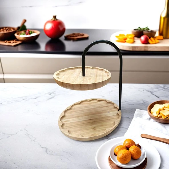 Bambu Luxe 2 Katlı Stant, Sunum Standı , Çift Katlı Sunumluk, Dekoratif Stant, Sunum Seti - 2