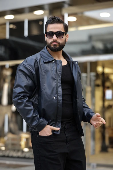 Vintage Oversize Erkek Siyah Deri Ceket - 3