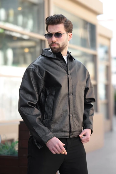 Erkek Düğmeli Siyah Deri Ceket - 4