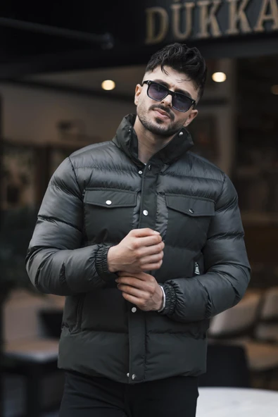 Erkek Çift Renk Haki Dik Yaka Şişme Mont -FN20570 - 5