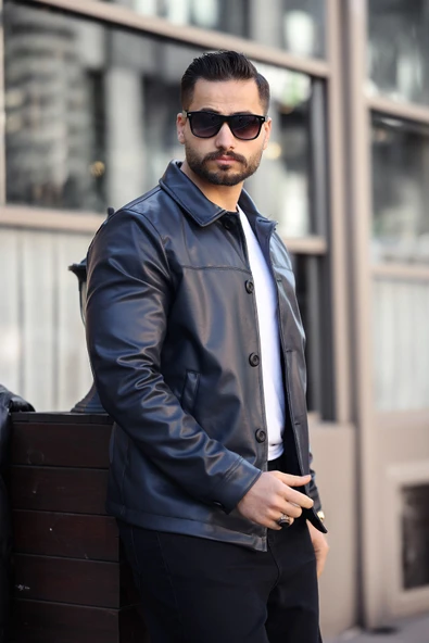 Klasik Yaka Siyah Erkek Deri Ceket - 2