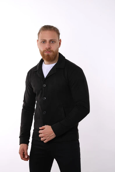 Erkek Siyah Süet Nubuk Düğmeli Çapraz Ceket F02000 - 4