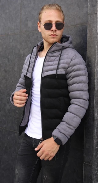 Erkek Gri Çift Renk Kapüşonlu Süet Mont