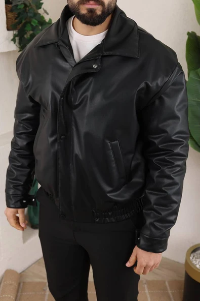 Erkek Oversize Siyah Deri Ceket - 3