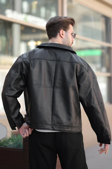 Erkek Düğmeli Siyah Deri Ceket - 5