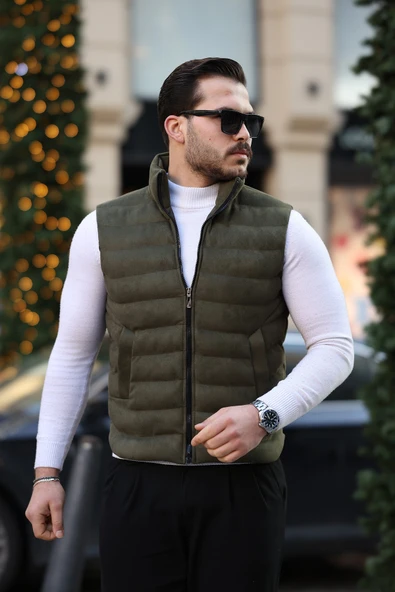 Erkek Standart Fit Dik Yaka Cepli Fermuarlı Haki Süet Yelek - 3