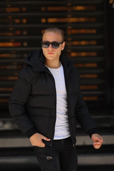 Erkek Siyah Kapüşonlu Suya Dayanıklı Kışlık Mont & Kaban - 2