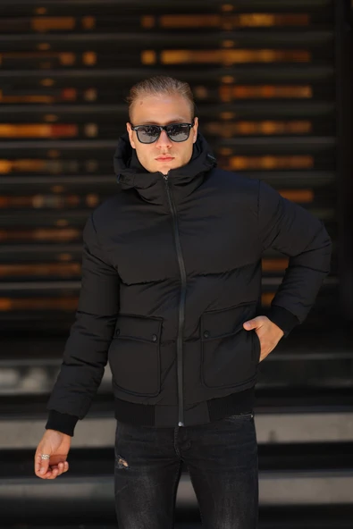 Erkek Siyah Kapüşonlu Suya Dayanıklı Kışlık Mont & Kaban - 3