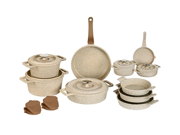 12 Parça Elexsus Döküm Kapak Tencere Seti - Kahverengi