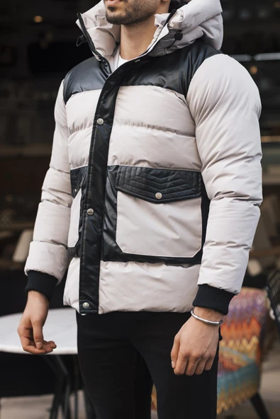 Erkek Beyaz Kapüşonlu Kışlık Mont & Kaban -FN20580 - 2