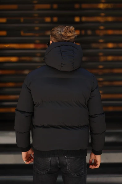 Erkek Siyah Kapüşonlu Suya Dayanıklı Kışlık Mont & Kaban - 4