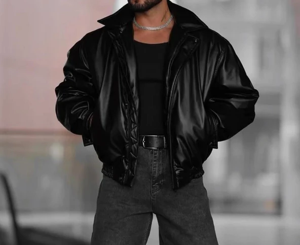 Erkek Oversize Vintage Siyah Deri Ceket
