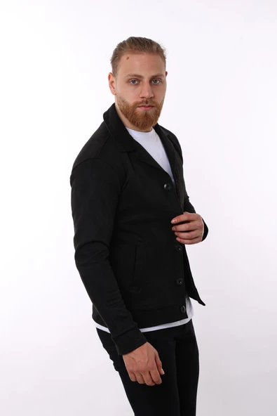 Erkek Siyah Süet Nubuk Düğmeli Çapraz Ceket F02000 - 3