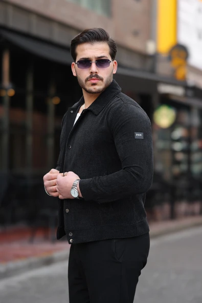 Erkek Klasik Yaka Düğmeli Siyah Kadife Ceket - 3