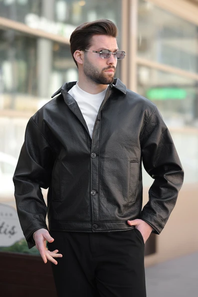 Erkek Düğmeli Siyah Deri Ceket - 3