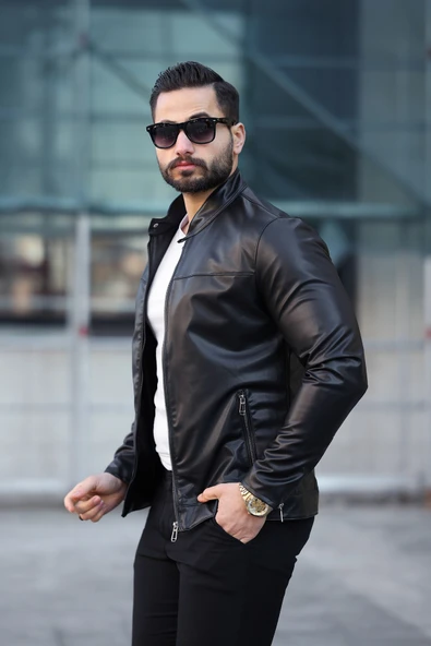 Dik Yaka Erkek Siyah Deri Ceket - 2
