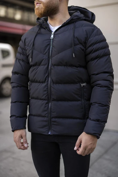 Erkek Siyah Kapşonlu Mont -FN10040 - 2