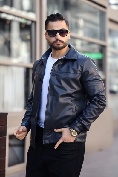 Klasik Yaka Siyah Erkek Deri Ceket