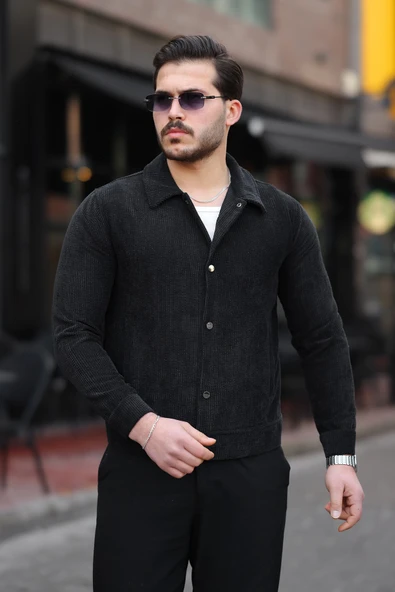 Erkek Klasik Yaka Düğmeli Siyah Kadife Ceket - 4