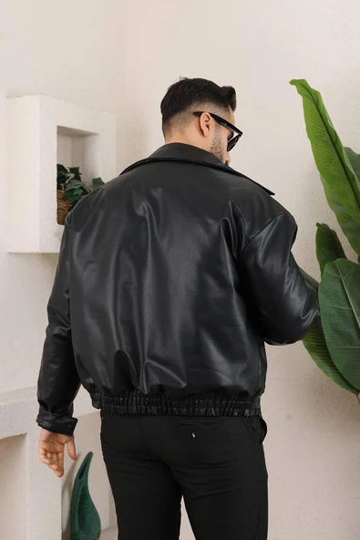 Erkek Oversize Siyah Deri Ceket - 4