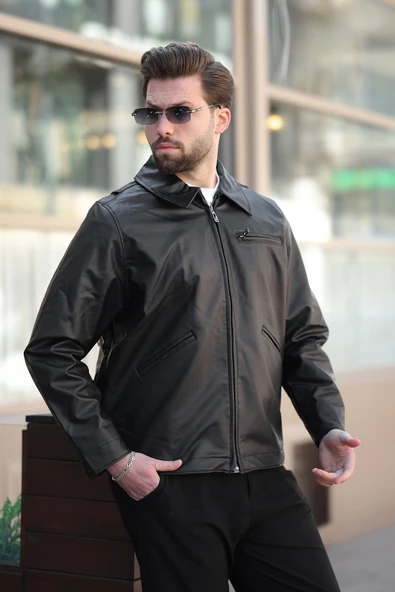 Erkek Siyah Deri Ceket - 4