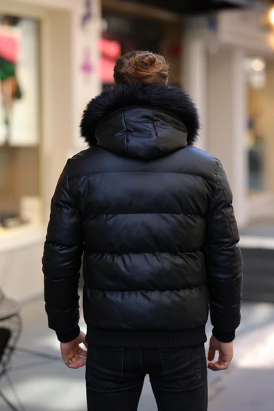 Erkek Kürk Kapüsonlu Şişme Parlak Deri Mont - 5