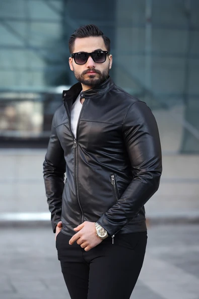 Dik Yaka Erkek Siyah Deri Ceket