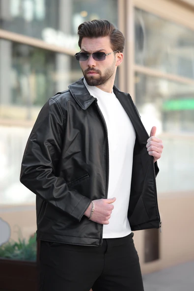 Erkek Siyah Deri Ceket - 2