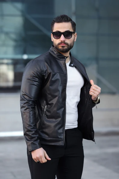 Dik Yaka Erkek Siyah Deri Ceket - 3