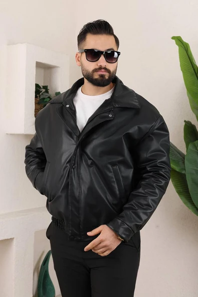 Erkek Oversize Siyah Deri Ceket - 2
