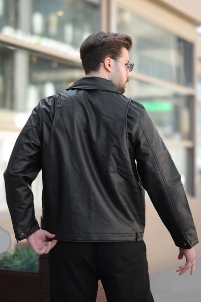 Erkek Siyah Deri Ceket - 5