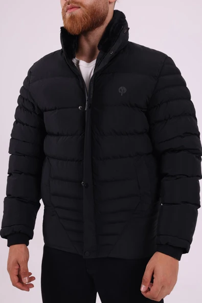 Erkek Dik Yaka Siyah Kışlık Mont & Kaban & Parka -FN20020 - 4