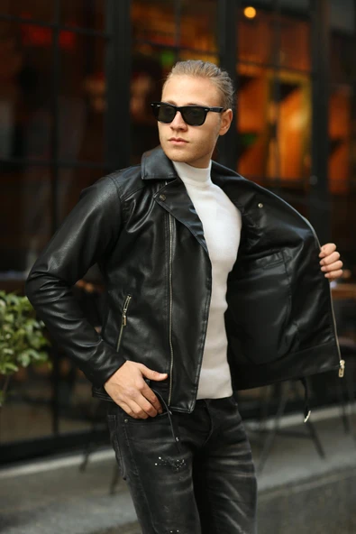 Erkek Siyah Fermuarlı Deri Ceket - 3