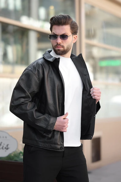 Erkek Düğmeli Siyah Deri Ceket - 2