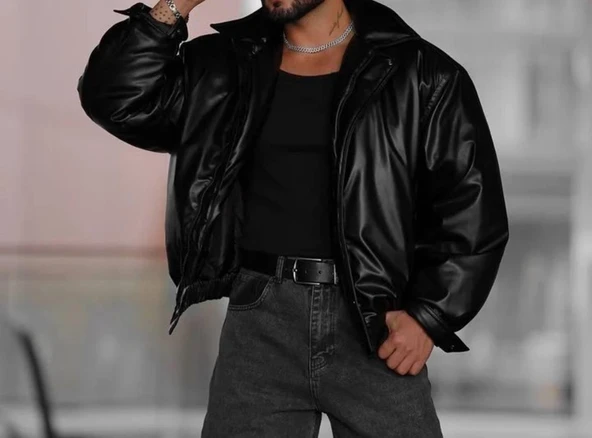 Erkek Oversize Vintage Siyah Deri Ceket - 2