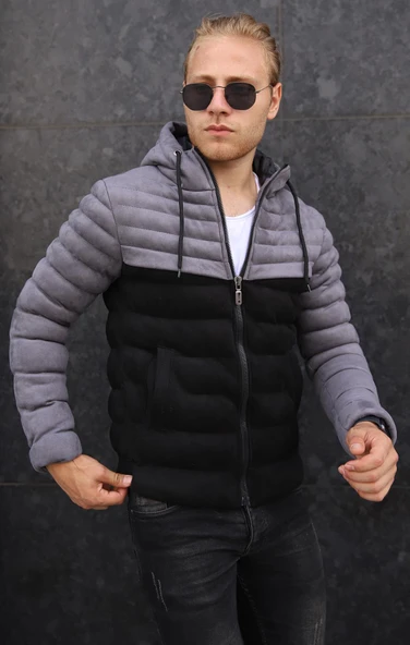Erkek Gri Çift Renk Kapüşonlu Süet Mont - 2