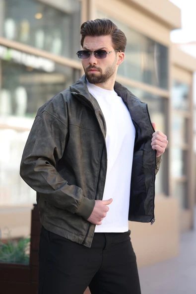 Erkek Yeni Sezon Haki Deri Ceket - 3