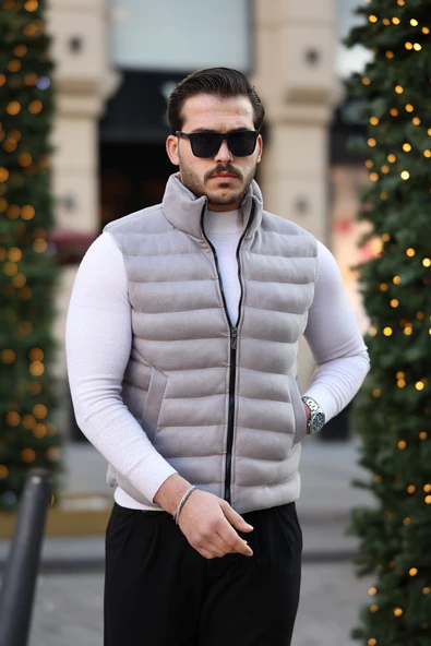 Erkek Standart Fit Dik Yaka Cepli Fermuarlı Gri Süet Yelek - 3