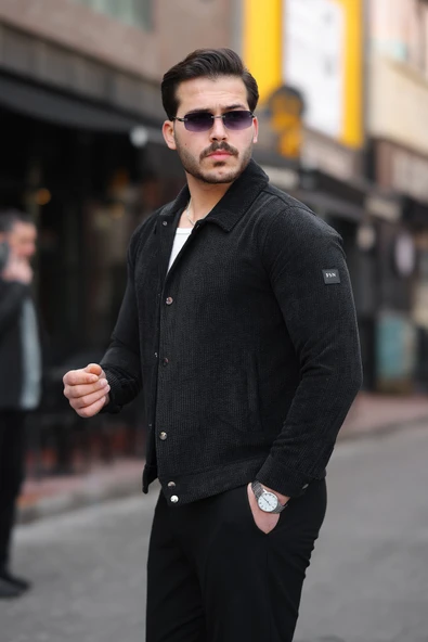 Erkek Klasik Yaka Düğmeli Siyah Kadife Ceket - 2