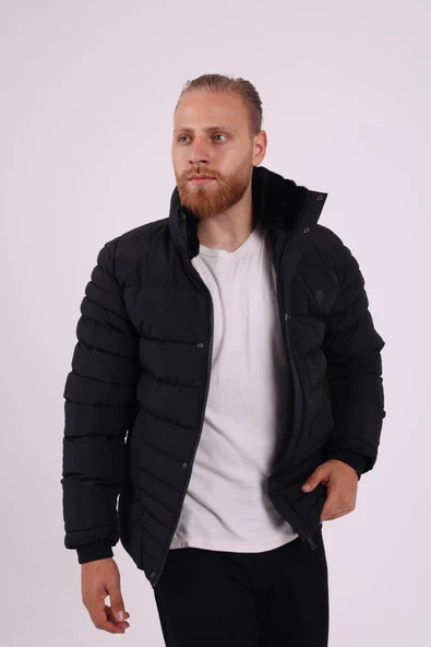 Erkek Dik Yaka Siyah Kışlık Mont & Kaban & Parka -FN20020 - 2