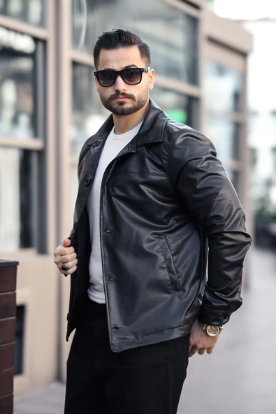 Erkek Klasik Yaka Düğmeli Siyah Deri Ceket - 2