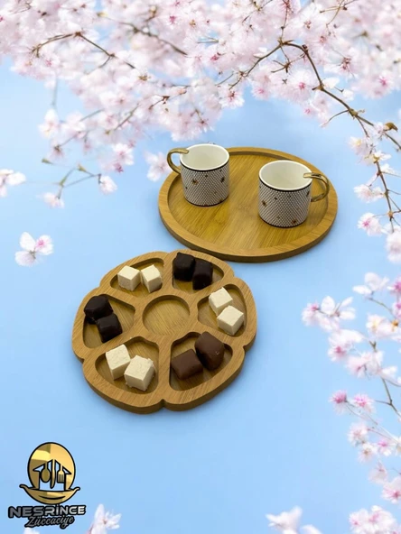 2'li Ahşap Papatya Model Dekoratif Sunumluk Tepsi Seti (27x27) - 5