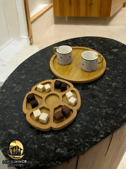 2'li Ahşap Papatya Model Dekoratif Sunumluk Tepsi Seti (27x27) - 4