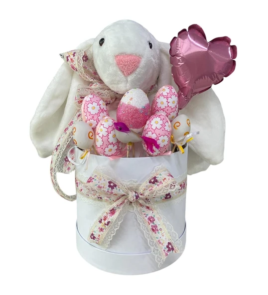 SOLE Premium Paskalya Temalı 45 cm Beyaz Bunny Tavşan Hediye Kutusu - Dekoratif Yumurta ve Kalp Balon Detaylı - 5