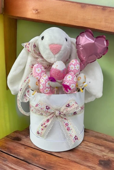SOLE Premium Paskalya Temalı 45 cm Beyaz Bunny Tavşan Hediye Kutusu - Dekoratif Yumurta ve Kalp Balon Detaylı - 4