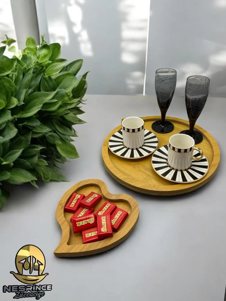 2'li Ahşap Kalp Model Dekoratif Sunumluk Tepsi Seti (27x27) - 2