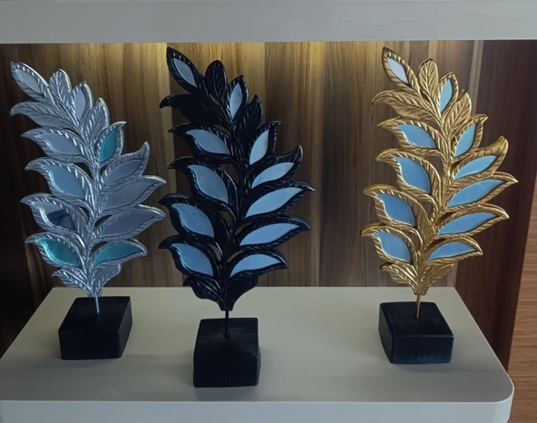 yaprak desenli aynalı kaideli sarı renk biblo - Resim 3